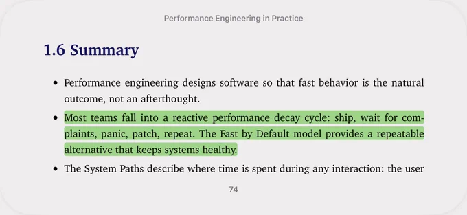 Slide titled “1.6 Summary” from a presentation called “Performance Engineering in Practice.” The slide contains bullet points about software performance engineering. A highlighted bullet states that many teams fall into a reactive performance decay cycle: they ship software, wait for complaints, panic, patch issues, and repeat the cycle. It adds that the “Fast by Default” model offers a repeatable alternative that keeps systems healthy. The slide has a light gray background with dark blue and black text, and the page number “74” appears at the bottom center.