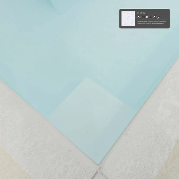 Close-up of Santorini Sky pool color finish with label showing the bright blue and silver sparkle details.