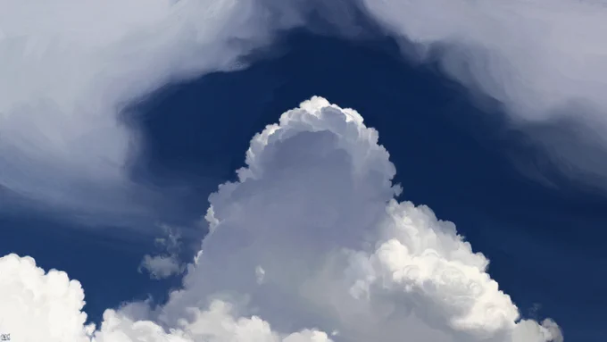 Digital painting of a tall, bubbling cloud rising into a dark blue sky. 
There is the sweep of a wispy, fuzzy cloud arching over it, casting a blue shadow on top of it, but it is otherwise a brilliant white.