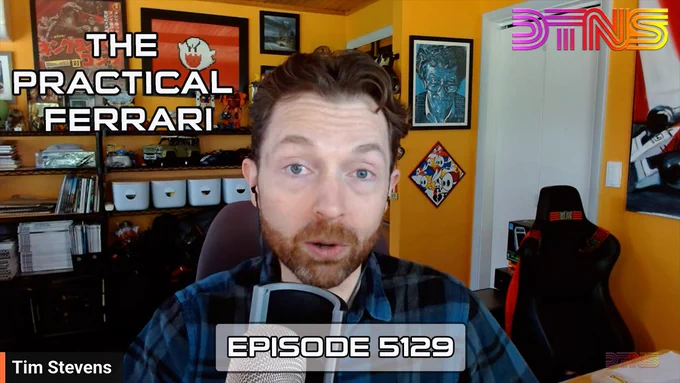 “THE PRACTICAL FERRARI” in white text on three lines on a screenshot of Tim Stevens taken from today’s video recording of DTNS Live, “Tim Stevens” in white text on one line in the bottom left corner, the DTNS Live logo in the top right corner, “EPISODE 5129” in white text across the bottom.
