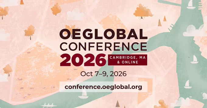 Conference poster with "OEGlobal Conference 2026" in bold letters. It includes the date October 7-9, 2026, and location Cambridge, MA & Online. The background has abstract patterns and muted colors. The website address is conference.oeglobal.org.