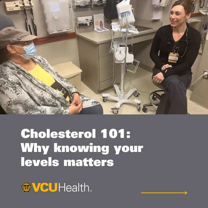 Graphic featuring Emelia Vanderburg Hanners, a physician assistant at VCU Health Pauley Heart Center, meeting with a patient above the title 'Cholesterol 101: Why knowing your levels matters' and the VCU Health logo.