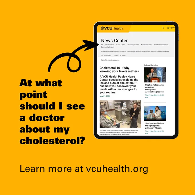 Informative graphic featuring a tablet displaying the VCU Health article on cholesterol. A question 'At what point should I see a doctor about my cholesterol?' is highlighted with an arrow pointing to the tablet screen encouraging you to visit www.vcuhealth.org for more information.