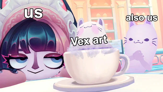 Vex and her shadow admire a cup of coffee with an adorable cat poking out of it. Text over Vex and her shadow read "us" and "also us" respectively, and text over the coffee cup cat reads "Vex art."