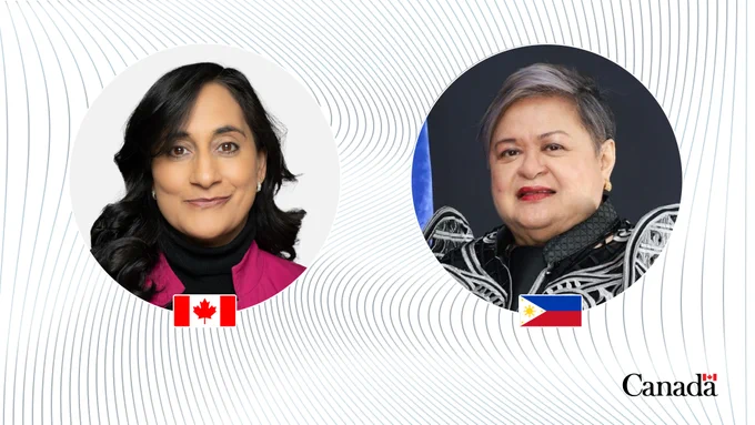 Photo of Minister Anand in a circle on the left, with the Canadian flag below, and Secretary Lazaro in a circle on the right, with the Philippine flag below.
