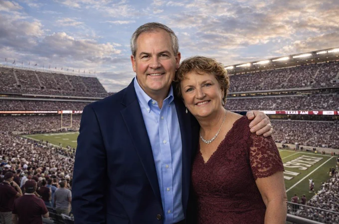 A person in a suit and a person in a lace dress are smiling and standing together at a Texas A&M football stadium. The stadium is filled with spectators, and the sky is partly cloudy.