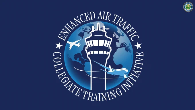 Logo for the Enhanced Air Traffic Collegiate Training Initiative. Features a globe with an air traffic control tower and two airplanes. The FAA insignia is in the top right corner.
