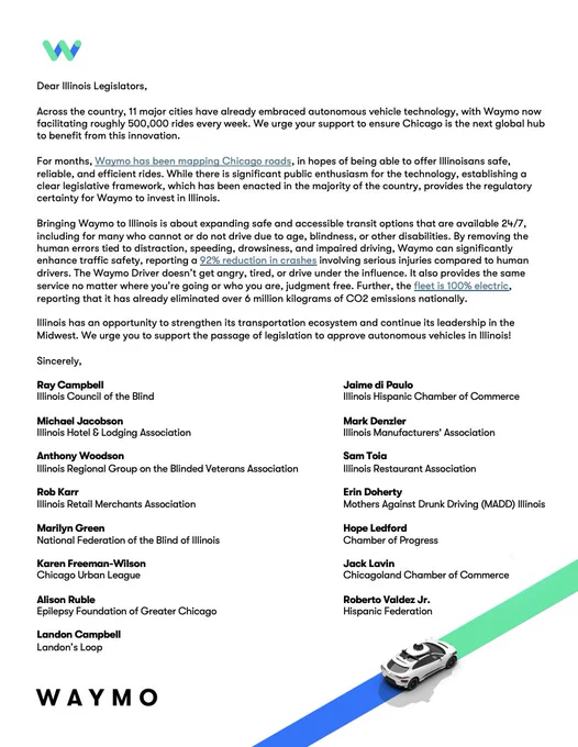 An image of a letter urging Illinois legislators to allow autonomous vehicles to deploy in Chicago and Illinois, signed by 15 stakeholders from the road safety, accessibility and community organizations.