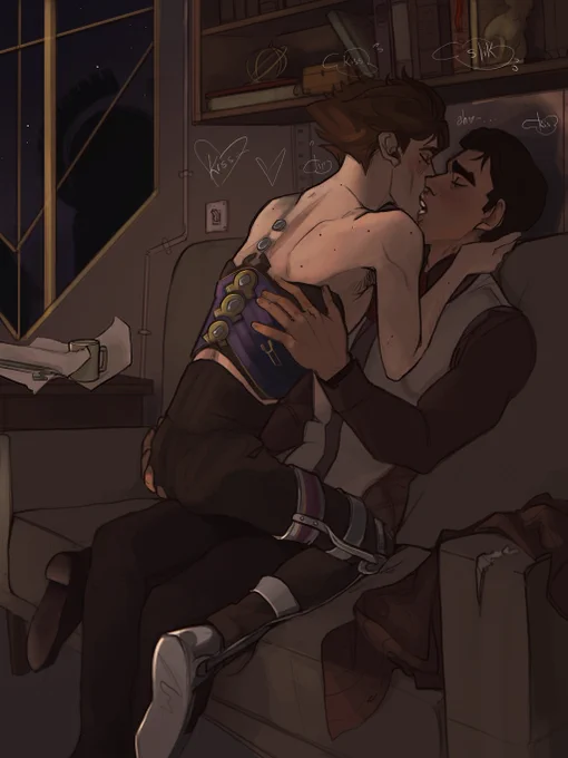 A colored illustration of Jayce and Viktor done for day five of Jayvik Kiss Week. In their messy lab, on the infamous lab couch, Viktor straddles Jayce's lap. While both are technically clothed, Viktor has lost his shirt, and his blue and gold back brace catches the warm, low light in the room. Jayce's hands are both roaming Viktor's naked back and supporting his ass. Jayce's head is tilted up, eyes closed, and he nips at Viktor's lower lip. Scattered speech bubbles throughout the scene imply the wet sounds of heavy kissing. 