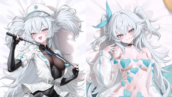 Florence / PA-15 from Girls' Frontline, shown as a two-sided dakimakura cover illustration. One side shows her in a white nurse outfit with teal accents; the other shows her reclining in a sheer heart-patterned outfit with long white hair and blue eyes.