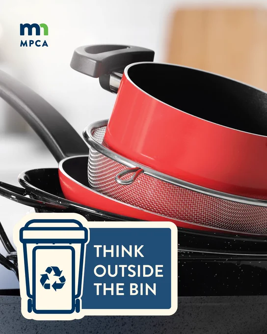 A stack of cookware with an icon of a recycling bin and text reading "think outside the bin."