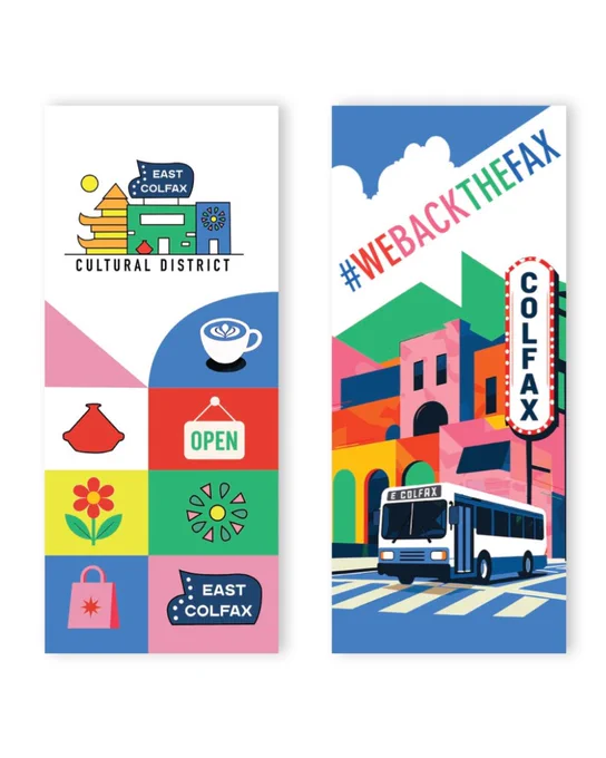 East Colfax promotional banners: icon grid (coffee, shop, flower, open) and colorful Colfax street with bus and #WeBackTheFax.