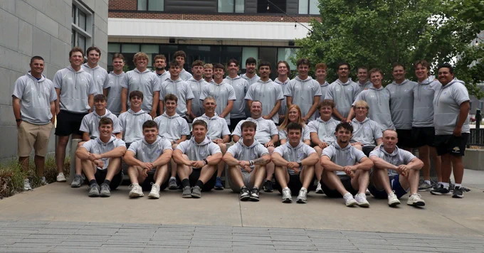 The South Dakota State baseball team poses for a photo outside its hotel in Lincoln, Nebraska, where the Jackrabbits will play in the NCAA Division I Baseball Championship starting on Friday, May 29, 2026.