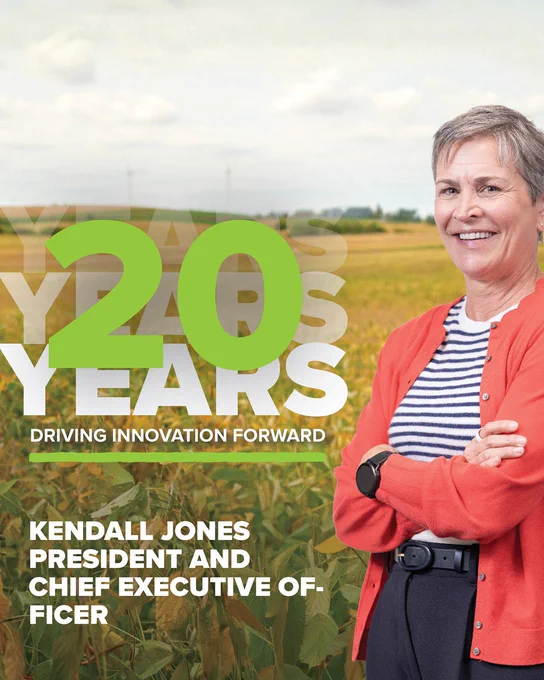 Image of Kendall Jones standing in a soybean field and a cloudy sky. Overlaid text reads "20 Years Driving Innovation Forward" and "Kendall Jones President and Chief Executive Officer." ProAg is an equal opportunity provider and employer.
