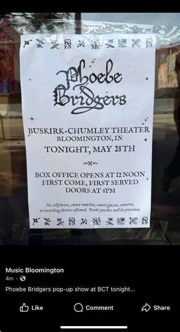 Flyer taped to a window advertising Phoebe Bridgers' pop-up show at the Buskirk/Chumley, Bloomington, IN