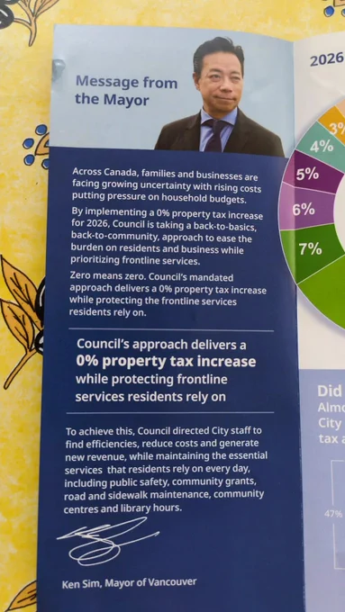 A pamphlet reading 'Message from the Mayor". Copy below:

Message from the Mayor

Across Canada, families and businesses are facing growing uncertainty with rising costs putting pressure on household budgets.

By implementing a 0% property tax increase for 2026, Council is taking a back-to-basics, back-to-community, approach to ease the burden on residents and business while prioritizing frontline services.

Zero means zero. Council's mandated approach delivers a 0% property tax increase while protecting the frontline services residents rely on.

Council's approach delivers a 0% property tax increase while protecting frontline services residents rely on

To achieve this, Council directed City staff to find efficiencies, reduce costs and generate new revenue, while maintaining the essential services that residents rely on every day, including public safety, community grants, road and sidewalk maintenance, community centres and library hours.

[signature]

Ken Sim, Mayor of Vancouver