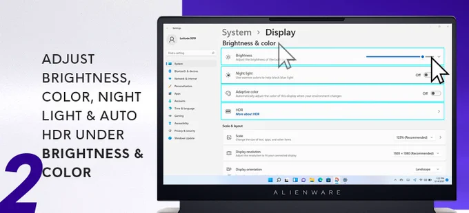 Adjust brightness, color, night light, and auto hdr under 'brightness and color'. 