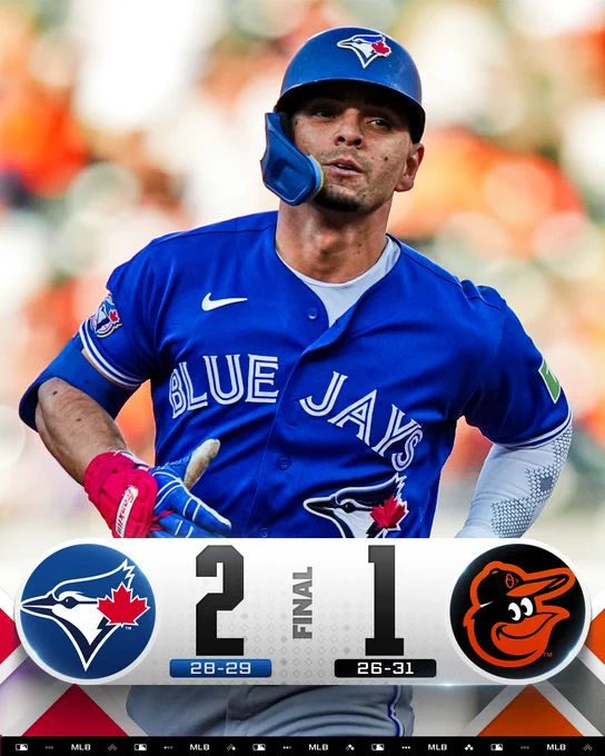 Final score: Toronto Blue Jays 2, Baltimore Orioles 1
Team records: Blue Jays 28-29, Orioles 26-31
Pictured: Andrés Giménez rounds the bases after hitting a home run Thursday at Camden Yards