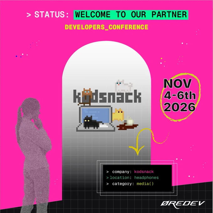 Bright pink announcement welcoming Kodsnack as a partner for the Øredev Developers Conference from Nov 4-6, 2026, featuring he kodsnack logo.