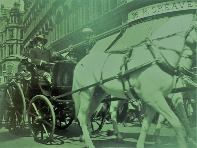 A bearded man wearing a black coat and a cowboy hat is holding the reins of a horse drawn open top carriage. Two white horses are in the foreground on the right of the photo. Behind and to the right of the carriage are buildings and crowds. 
