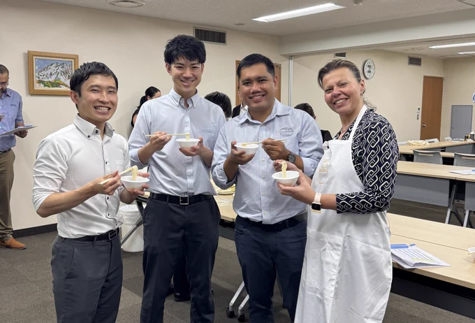 Dr Jayfred Godoy, InterGrain’s Soft Wheat Breeder (second from right), alongside Mr. Tomokazu Kubo from Nippn Flour Milling Corporation, Mr Kunimitsu Fukushima from Nisshin Flour Milling, and Dr Larisa Cato of Grains Australia, undertaking official noodle sensory testing of new ANW varieties IG-Quokka​ and IG-Collie​, launched this week in Japan.