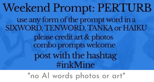 over an image of spilling ink, this design states:

Weekend Prompt: PERTURB

use any form of the prompt word in a sixword, tenword, tanka or haiku

please credit art & photos

combo prompts welcome

post with the hashtag
#inkMine