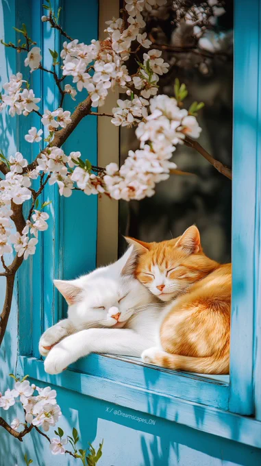 Two cats peacefully sleeping on a bright blue windowsill. A fluffy white cat and an orange tabby cat are cuddling with eyes closed, surrounded by beautiful blooming white cherry blossom branches. Serene spring scene.