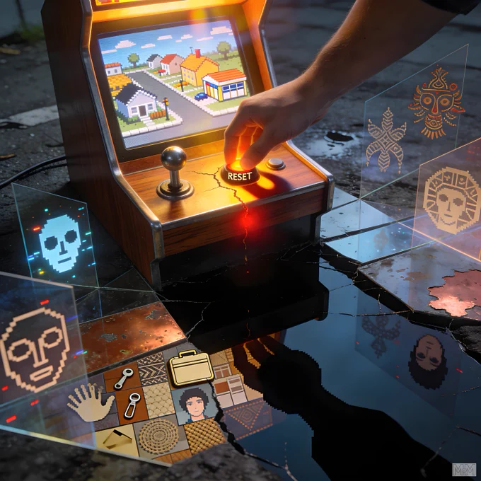 A hand reaches towards a glowing "RESET" button on a small arcade machine with a wooden finish. The screen displays a pixelated suburban street scene. A joystick is positioned to the left of the button. Surrounding the machine are transparent panels with pixel art designs, including skulls and abstract patterns. The ground is cracked, with a reflective surface showing the hand's shadow and some of the pixel art. Various icons, such as a hand, keys, and a briefcase, are visible on the ground.
