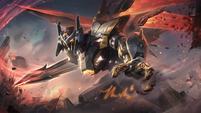 Mecha Aatrox Exquisite Edition rips through the battlefield, leaving only blazing destruction behind him. The splash is signed by TheShy.