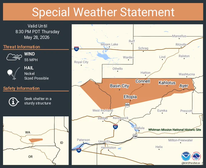 This graphic displays a special weather statement plotted on a map. The statement is in effect until 8:30 PM PDT.  The statement includes Connell WA, Basin City WA and  Mesa WA.  STRONG THUNDERSTORMS WILL IMPACT NORTH CENTRAL BENTON and NORTH CENTRAL WALLA WALLA AND FRANKLIN COUNTIES THROUGH 830 PM PDT. The threats associated with this storm are wind gusts up to 55 MPH and nickel sized hail. Seek shelter in a sturdy structure until the storm passes.