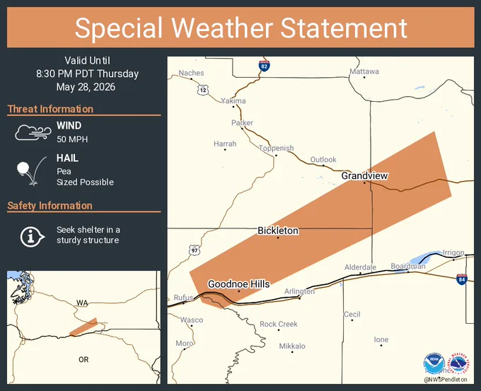 This graphic displays a special weather statement plotted on a map. The statement is in effect until 8:30 PM PDT.  The statement includes Grandview WA, Prosser WA and  Mabton WA.  STRONG THUNDERSTORMS WILL IMPACT WEST CENTRAL BENTON and EASTERN KLICKITAT AND SOUTHEASTERN YAKIMA COUNTIES THROUGH 830 PM PDT. The threats associated with this storm are wind gusts up to 50 MPH and pea sized hail. Seek shelter in a sturdy structure until the storm passes.