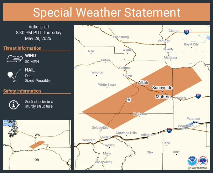 This graphic displays a special weather statement plotted on a map. The statement is in effect until 8:30 PM PDT.  The statement includes Sunnyside WA, Grandview WA and  Toppenish WA.  STRONG THUNDERSTORMS WILL IMPACT NORTHWESTERN BENTON and NORTH CENTRAL KLICKITAT AND SOUTHEASTERN YAKIMA COUNTIES THROUGH 830 PM PDT. The threats associated with this storm are wind gusts up to 50 MPH and pea sized hail. Seek shelter in a sturdy structure until the storm passes.