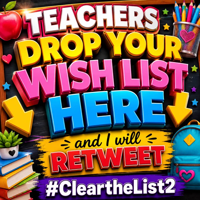 #ClearTheList 🍎 #TeachersOfX ✏️ #TeacherTwitter 📚 #SupportTeachers ❤️ #ClassroomWishlist 🛒 #HelpATeacher 🍏 #FundClassrooms 📖 #TeacherLife ☕ #SchoolSupplies ✂️ #AdoptATeacher 🎒 #TeachersHelpingTeachers 🤝 #AmazonWishlist 📦 #EducationMatters 🏫 #BackToSchool 📚 #TeacherSupport 💕 #ClassroomNeeds ✂️ #TeacherCommunity 🍎 #SchoolFunding 💡 #DonateToTeachers 🎁 #TeacherResources 📓 #ElementaryTeacher 🖍️ #KindergartenTeacher 🌈 #ClassroomSetup 🪑 #TeacherTribe 🍏 #WishlistWednesday ⭐ #EducationSupport 📖 #TeachersFollowTeachers 👩‍🏫 #SupplyTeachersNeed ✂️ #TeacherGoals 🏆 #LearningStartsHere 📚 #StudentSuccess 🍎 #TeachersInspire ❤️ #ClassroomEssentials 🛒 #TeachLoveInspire ✨ #ClearTheList2 🚀