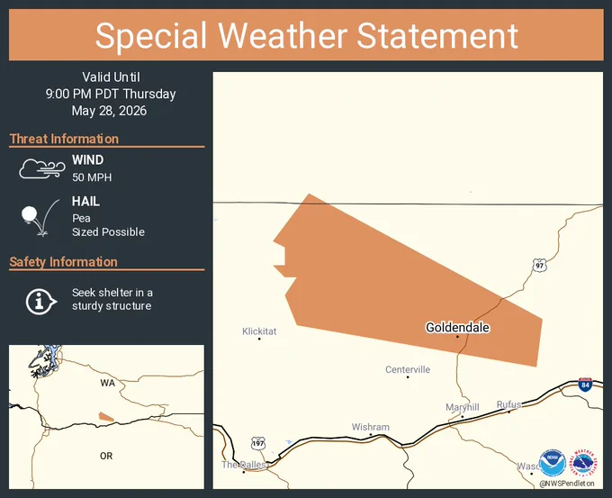This graphic displays a special weather statement plotted on a map. The statement is in effect until 9:00 PM PDT.  The statement includes Goldendale WA and  Blockhouse WA.  A STRONG THUNDERSTORM WILL IMPACT CENTRAL KLICKITAT COUNTY THROUGH 900 PM PDT. The threats associated with this storm are wind gusts up to 50 MPH and pea sized hail. Seek shelter in a sturdy structure until the storm passes.
