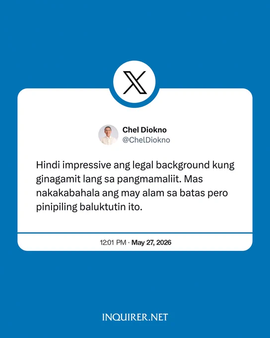 ‘MAS NAKAKABAHALA ANG MAY ALAM SA BATAS PERO PINIPILING BALUKTUTIN ITO’

Akbayan Rep. Chel Diokno says a legal background is not impressive if it is used to belittle others, adding that it is more concerning when someone knowledgeable about the law chooses to distort it.

Diokno’s statement comes af