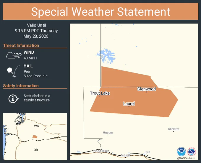 This graphic displays a special weather statement plotted on a map. The statement is in effect until 9:15 PM PDT.  The statement includes Trout Lake WA, Laurel WA and  Glenwood WA.  A STRONG THUNDERSTORM WILL IMPACT NORTHWESTERN KLICKITAT COUNTY THROUGH 915 PM PDT. The threats associated with this storm are wind gusts up to 40 MPH and pea sized hail. Seek shelter in a sturdy structure until the storm passes.