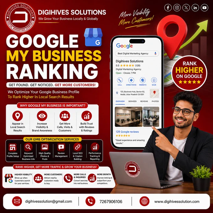 📍 Rank Higher on Google with
Digihives Solutions ✅

🚀 Best Digital Marketing Company in Varanasi
🌟 SEO Company | Social Media Marketing Agency | Google My Business Ranking Expert

📈 Improve Your Online Presence & Get More Customers!
✔️ Google My Business Optimization
✔️ Local SEO Services
✔️ Social Media Promotion
✔️ Website Development
✔️ Lead Generation Strategies

💼 Let Your Business Appear on Top Google Searches & Maps 🔍

📈 Boost Visibility • Generate Leads • Grow Faster

📞 Connect With Us Today!
📲 072679 06106
📩 digihivessolution@gmail.com
🌐 Digihives Solutions Official Website

#DigihivesSolutions #GoogleMyBusiness #GMBRanking #LocalSEO #SEOCompany #DigitalMarketing #SocialMediaMarketing #WebsiteDeveloper #BusinessGrowth #GoogleRanking #OnlineMarketing #Varanasi #LeadGeneration #DigitalAgency #GrowYourBusiness