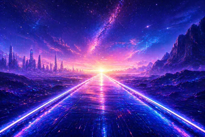 Futuristic digital illustration of a glowing horizon emerging from a vibrant neon landscape, symbolizing early-stage momentum, new beginnings, and scalable growth for Kinny List, a Solana-powered Web3 marketplace focused on long-term crypto innovation and community-driven expansion.