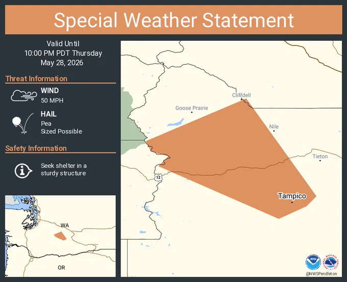 This graphic displays a special weather statement plotted on a map. The statement is in effect until 10:00 PM PDT.  The statement includes Tampico WA.  A STRONG THUNDERSTORM WILL IMPACT NORTHWESTERN YAKIMA COUNTY THROUGH 1000 PM PDT. The threats associated with this storm are wind gusts up to 50 MPH and pea sized hail. Seek shelter in a sturdy structure until the storm passes.