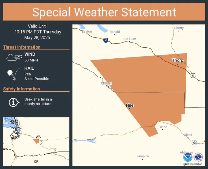 This graphic displays a special weather statement plotted on a map. The statement is in effect until 10:15 PM PDT.  The statement includes Thorp WA and  Nile WA.  A STRONG THUNDERSTORM WILL IMPACT SOUTHWESTERN KITTITAS AND NORTH CENTRAL YAKIMA COUNTIES THROUGH 1015 PM PDT. The threats associated with this storm are wind gusts up to 50 MPH and pea sized hail. Seek shelter in a sturdy structure until the storm passes.