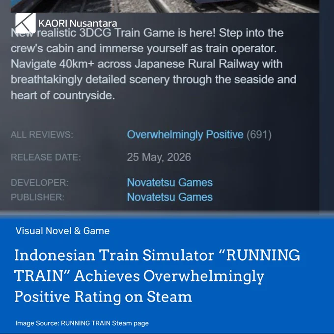 Header image from an article titled "Indonesian Train Simulator “RUNNING TRAIN” Achieves Overwhelmingly Positive Rating on Steam". The article title is written in white over blue background in the bottom half of the image. The picture shows the key visual of manga. Copyright attribution Image Source: RUNNING TRAIN Steam page on the bottom left. The article is tagged "Visul Novel & Game". The logo of KAORI Nusantara is on top left in white.