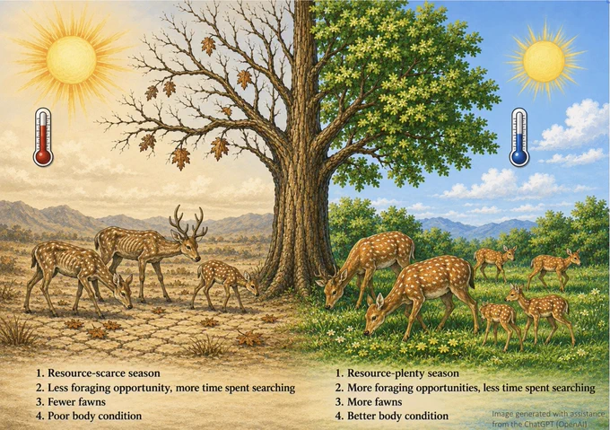 Graphical abstract: We used camera traps in Ranthambhore National Park to study the ecology and behavior of chital and sambar with respect to seasonal variations. We found that body condition and foraging increased in winter, whereas summer conditions were associated with increased movement and reduced foraging. Our results demonstrate that camera traps can generate integrated demographic and behavioral indicators of ungulate performance, with direct relevance for monitoring prey populations in predator-dominated systems.
