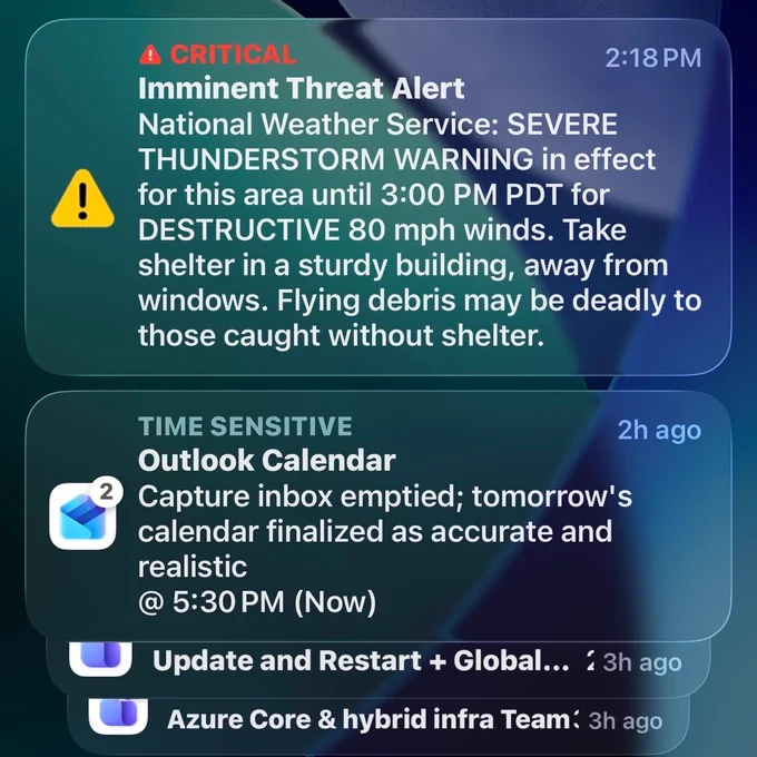 Screenshot of an imminent threat alert from the National Weather Service, advertising a severe thunderstorm warning in the area with 80 mph winds. Take shelter now.