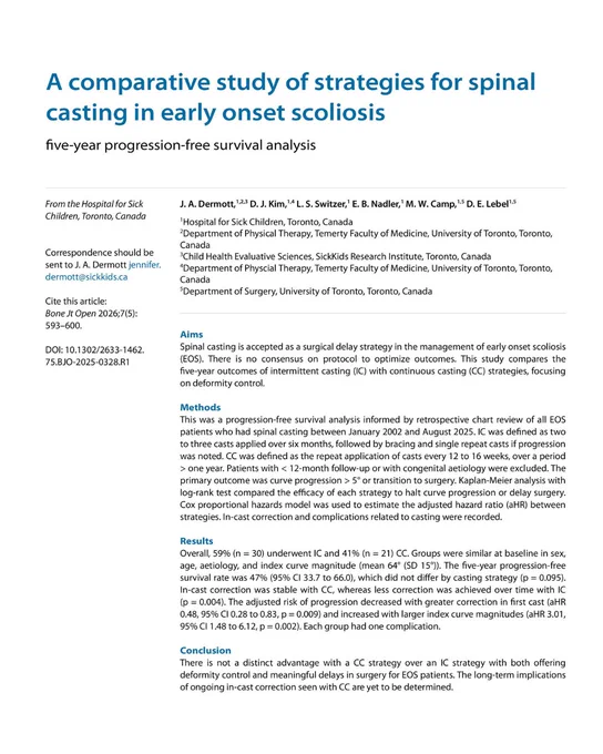 Research article comparing spinal casting strategies for early onset scoliosis with five-year progression-free survival data.