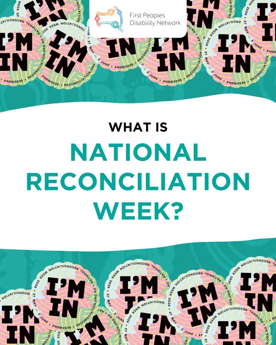 A social media tile featuring a white central band with the teal text “WHAT IS NATIONAL RECONCILIATION WEEK?” The top and bottom sections of the tile have a teal background filled with a repeating pattern of circular "I'M IN" stickers in various colors. The First Peoples Disability Network logo is centered at the top in a white rounded box.