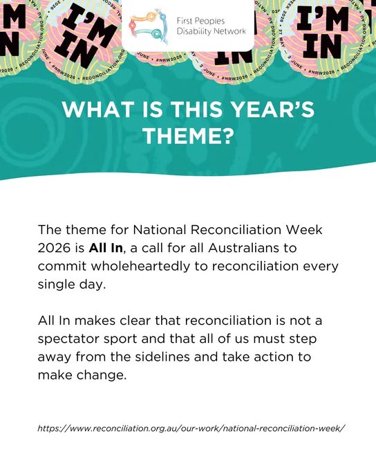 A social media tile with a teal header featuring a pattern of colorful "I'M IN" stickers and the First Peoples Disability Network logo. Large white text in the teal section asks, “WHAT IS THIS YEAR’S THEME?” The bottom half is white and explains that the theme for National Reconciliation Week 2026 is All In, a call for Australians to commit to reconciliation every day rather than staying on the sidelines. A website link for Reconciliation Australia is provided at the bottom.