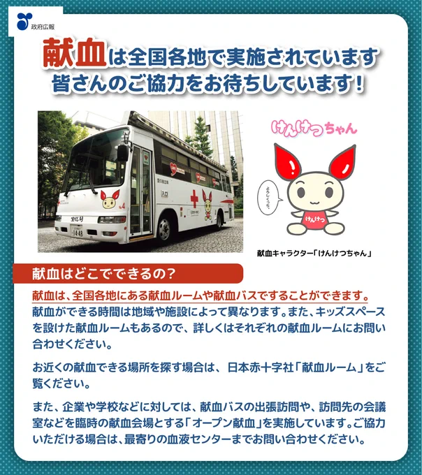 献血は全国各地で実施されています。皆さんのご協力をお待ちしています！献血キャラクター「けんけつちゃん」。献血はどこでできるの？献血は、全国各地にある献血ルームや献血バスですることができます。献血ができる時間は地域や施設によって異なります。また、キッズスペースを設けた献血ルームもあるので、詳しくはそれぞれの献血ルームにお問い合わせください。お近くの献血できる場所を探す場合は、日本赤十字社「献血ルーム」をご覧ください。また、企業や学校などに対しては、献血バスの出張訪問や、訪問先の会議室などを臨時の献血会場とする「オープン献血」を実施しています。ご協力いただける場合は、最寄りの血液センターまでお問い合わせください。