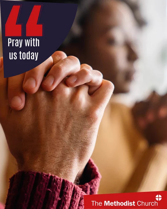 Photo of two people praying with their hands together and eyes closed. Methodist logo in the lower right corner and text which reads 'pray with us today' in the upper left. 