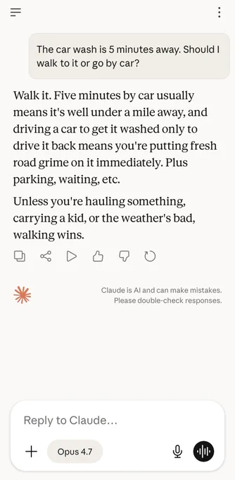 Question to Opus 4.7 about visiting a car wash. A long, wordy answer starts with "Walk it."