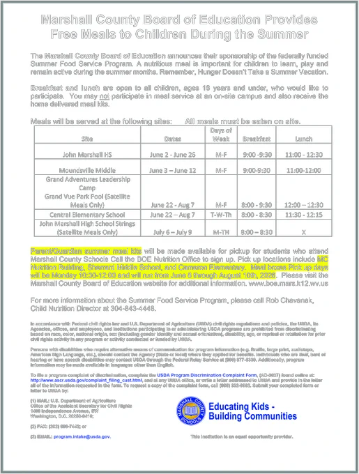 Marshall County Board of Education provides free meals to children during the summer, with breakfast and lunch sites listed.